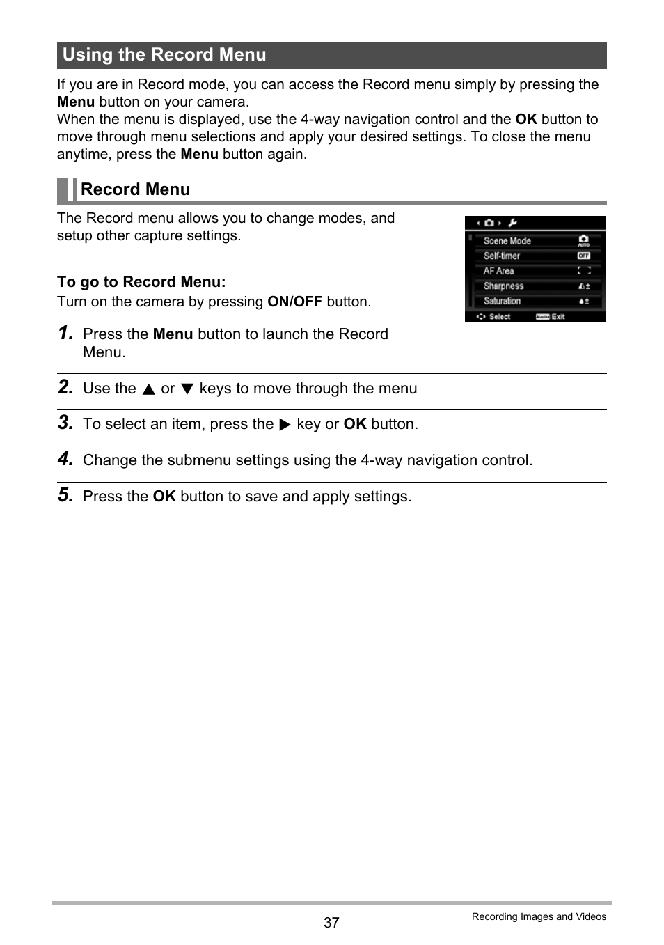 Using the record menu | Casio QV-R80 User Manual | Page 37 / 94