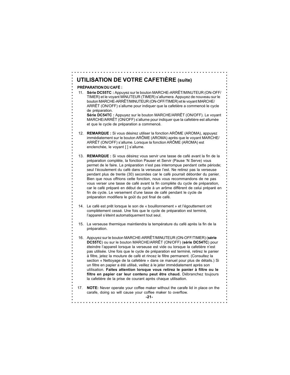 Utilisation de votre cafetière | DeLonghi DC54TC User Manual | Page 21 / 50