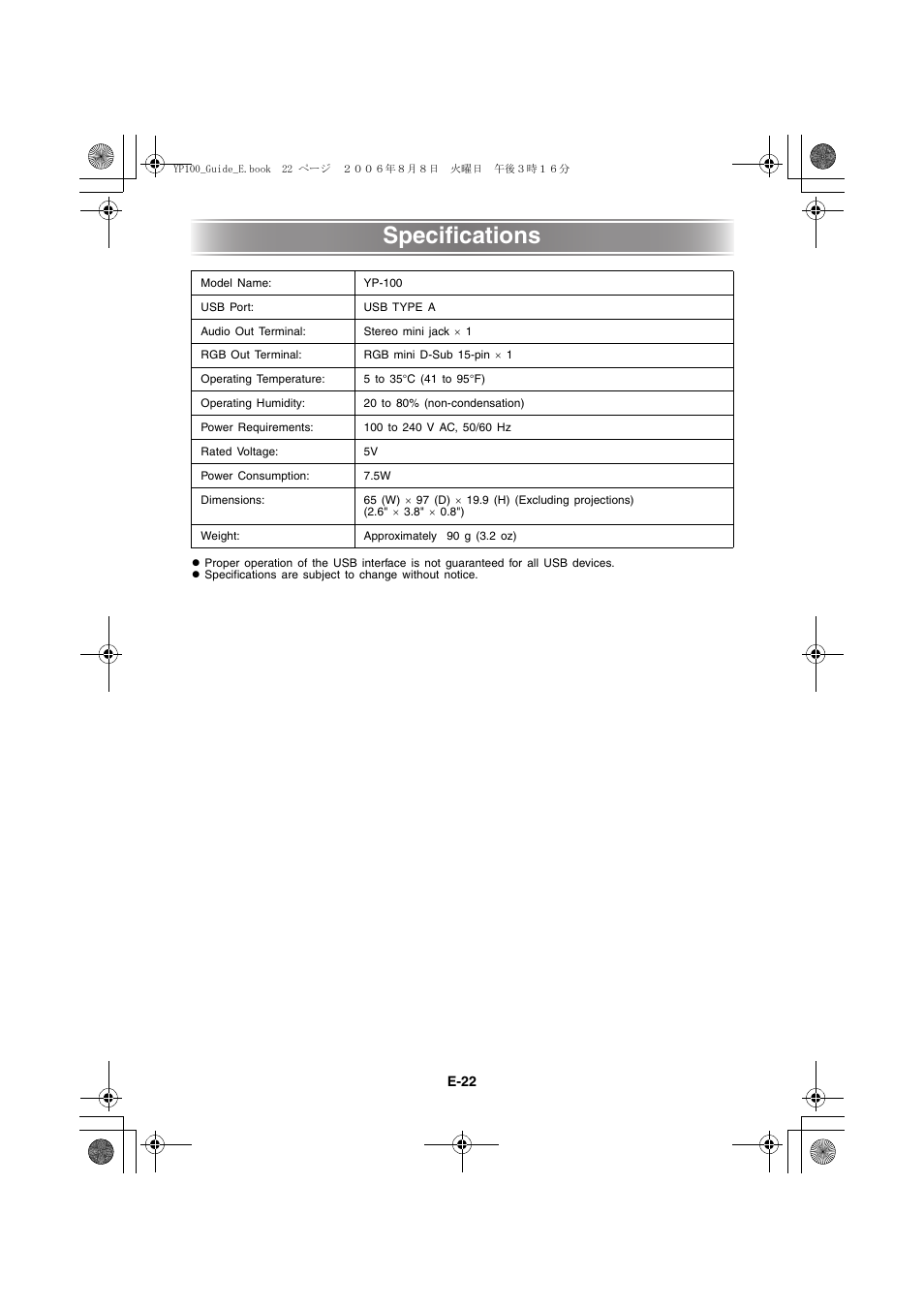 Specifications, E-22 | Casio YP-100 Getting Started User Manual | Page 22 / 22