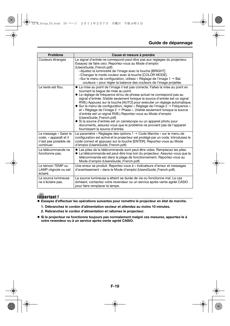 Guide de dépannage | Casio XJ-M140 (A9****) Fonctionnement de base User Manual | Page 43 / 72