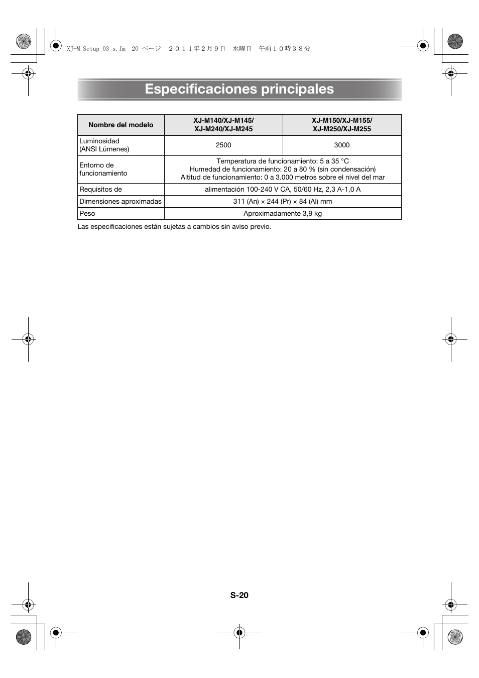Especificaciones principales | Casio XJ-M140 (A9****) Fonctionnement de base User Manual | Page 66 / 72
