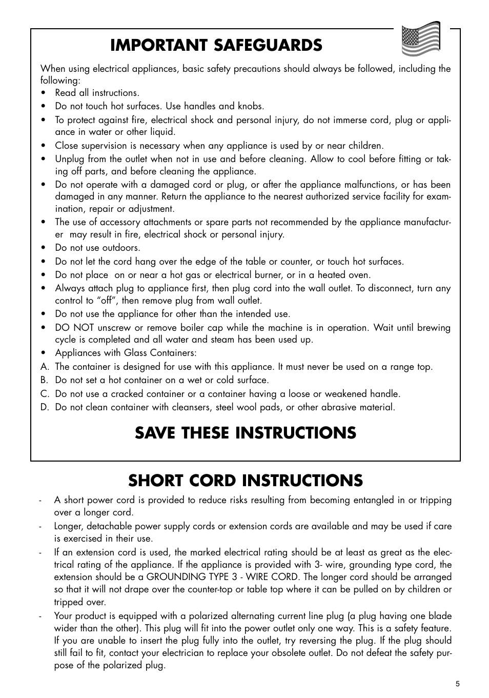 Short cord instructions, Important safeguards, Save these instructions | DeLonghi BCO110 User Manual | Page 5 / 13