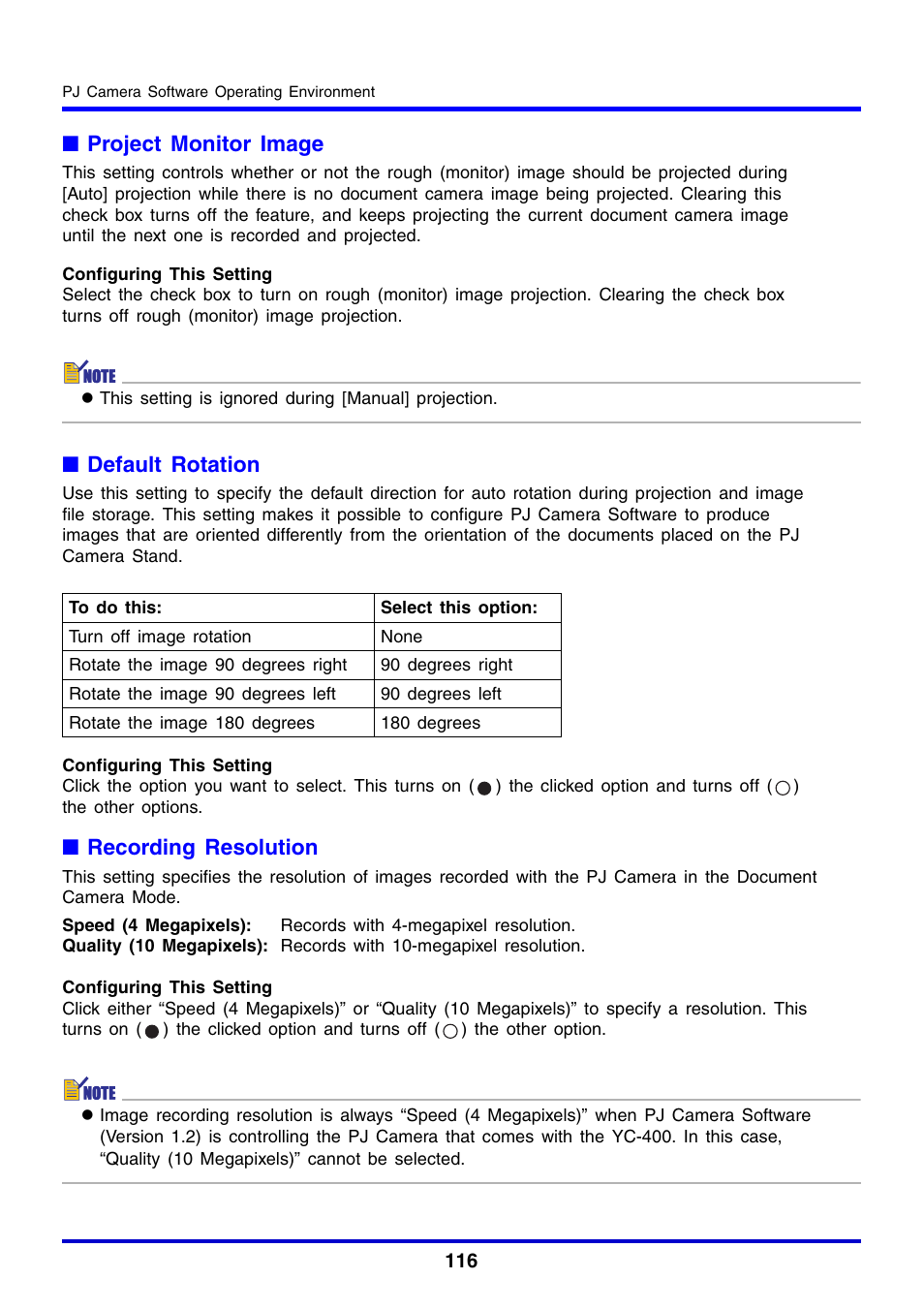 Project monitor image, Default rotation, Recording resolution | Casio YC-430 User Manual | Page 116 / 146