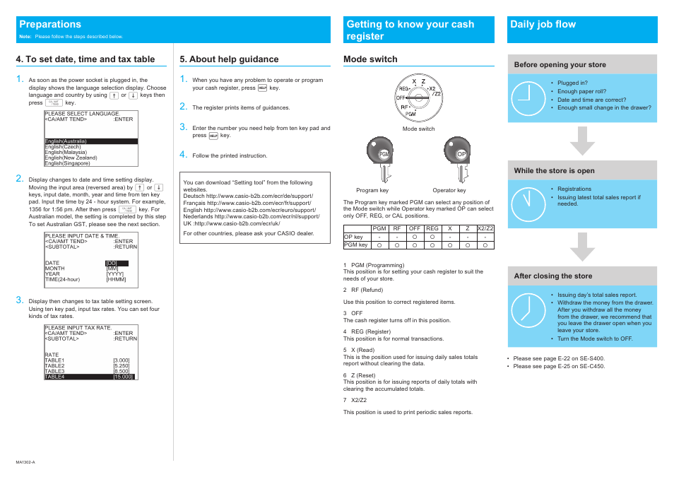 Getting to know your cash register daily job flow, Preparations, Mode switch | About help guidance | Casio SE-C450 Quick Start User Manual | Page 2 / 2