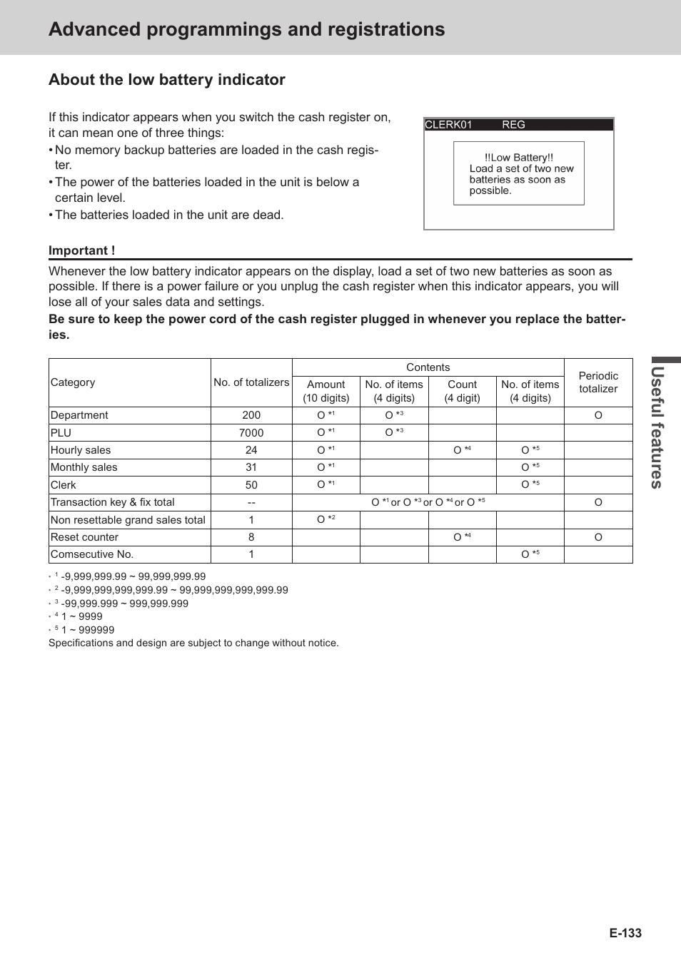 Advanced programmings and registrations, Use ful fe atu re s, About the low battery indicator | Casio SE-C3500 Manual User Manual | Page 133 / 136