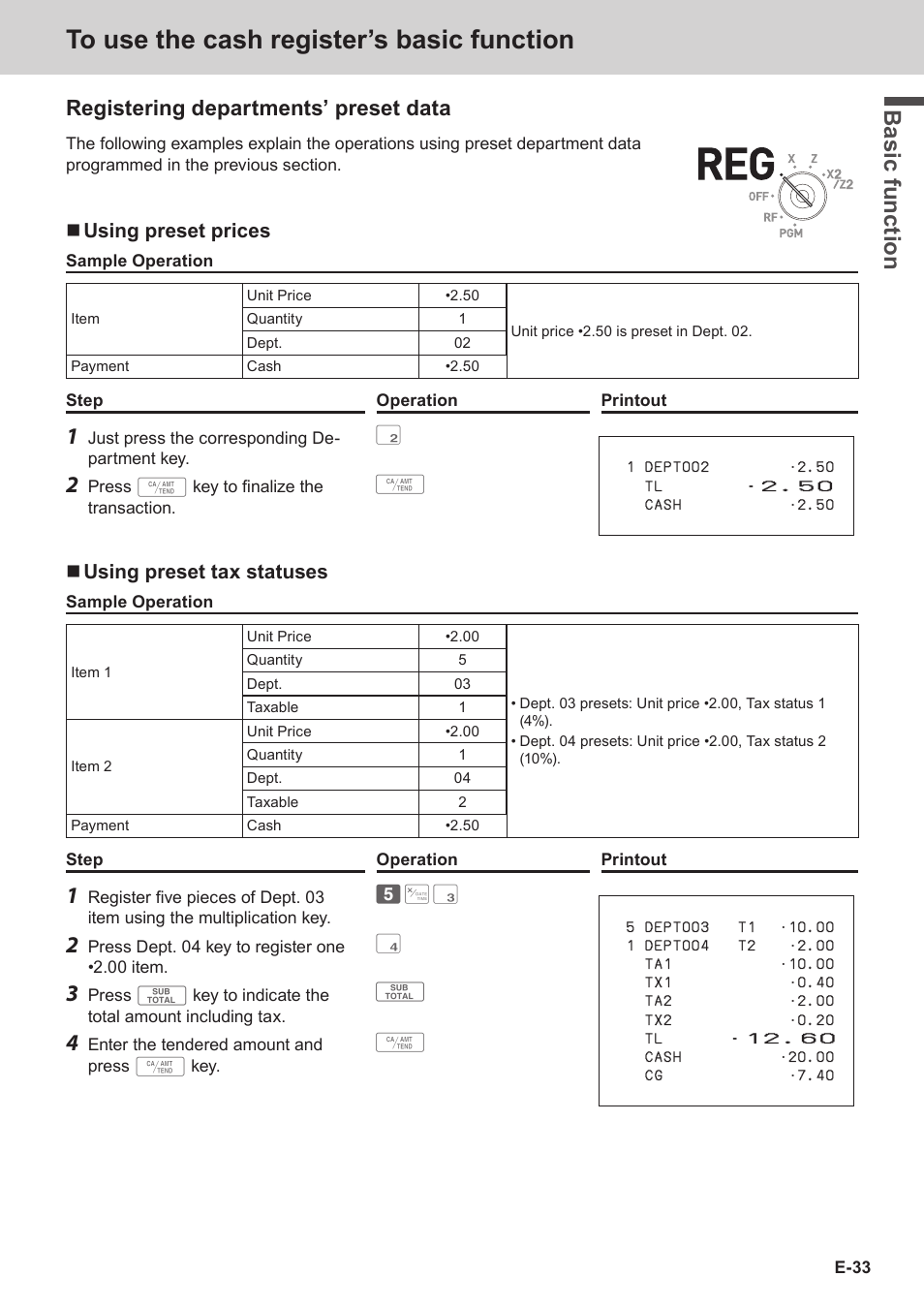 Bas ic fu nc tion, Registering departments’ preset data | Casio SE-C3500 Manual User Manual | Page 33 / 136