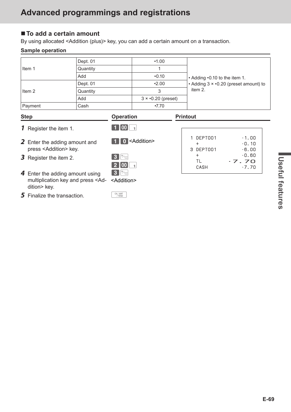 Advanced programmings and registrations, Use ful fe atu re s | Casio SE-C3500 Manual User Manual | Page 69 / 136