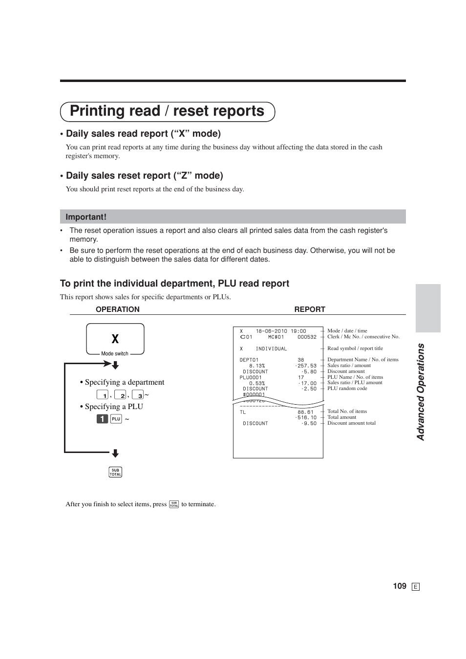 Printing read / reset reports, Ad v anced operations, Daily sales read report (“x” mode) | Daily sales reset report (“z” mode) | Casio SE-S6000 User Manual | Page 110 / 134