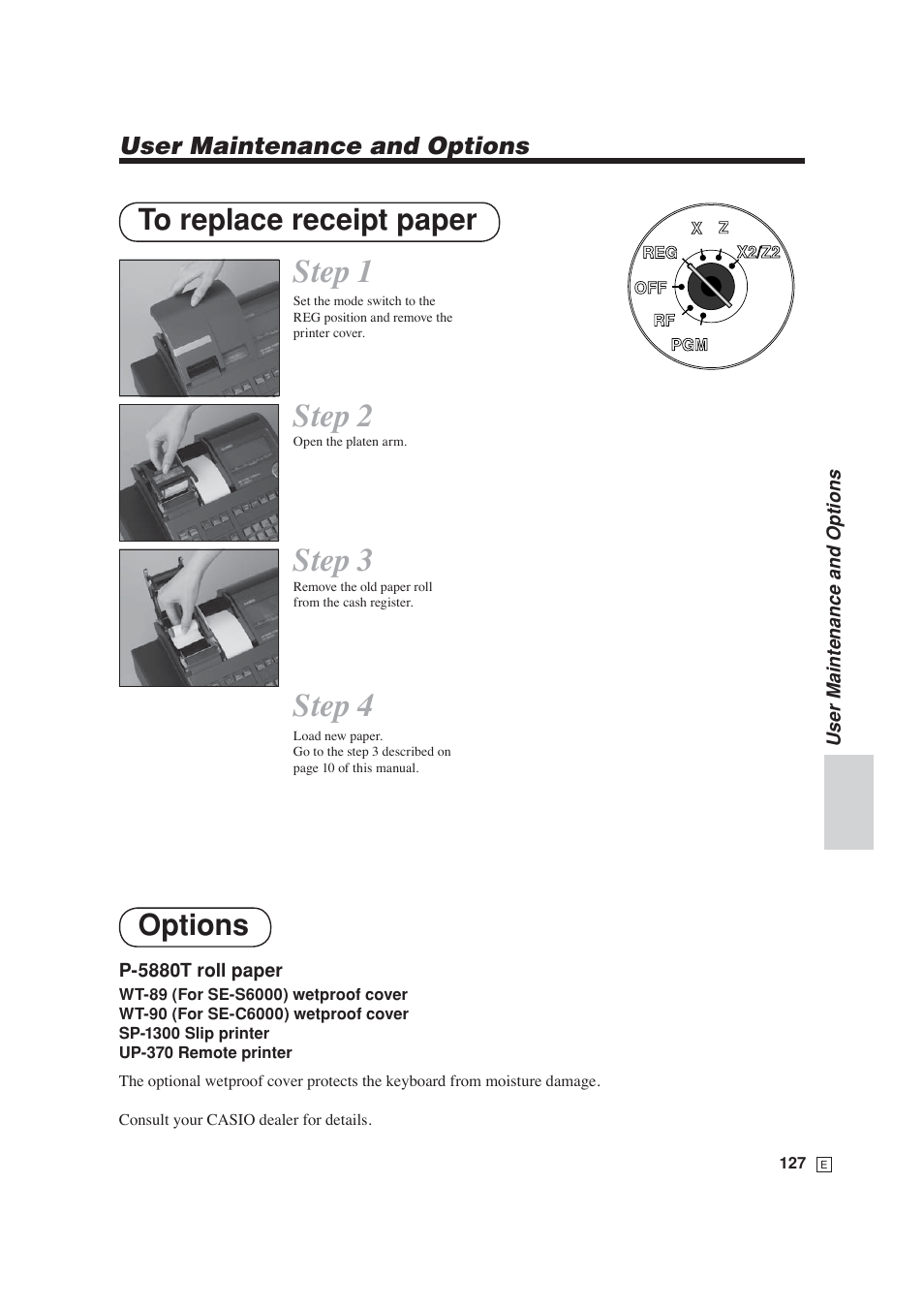 Step 1, Step 2, Step 3 | Step 4, Options, User maintenance and options | Casio SE-S6000 User Manual | Page 128 / 134