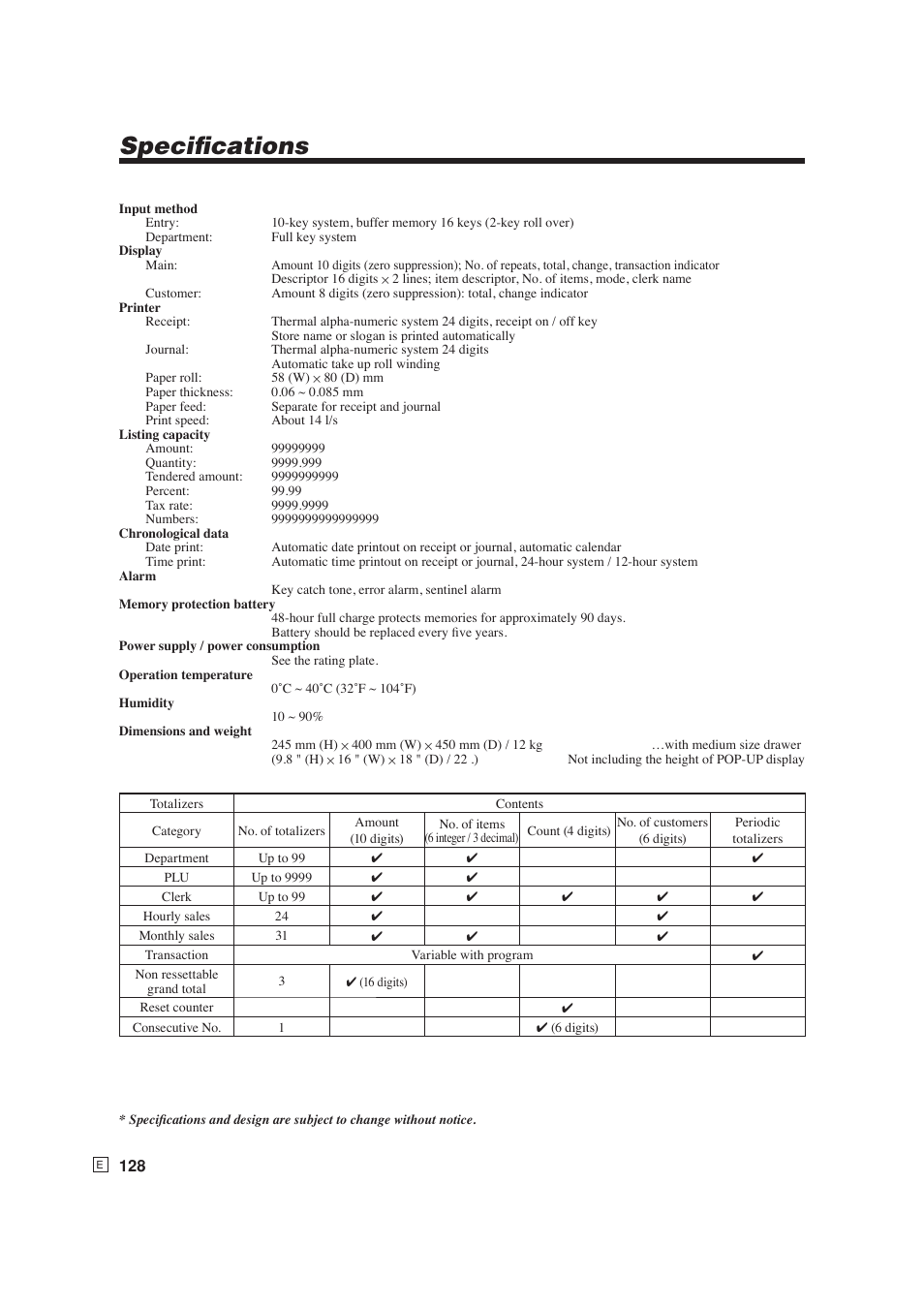 Specifi cations | Casio SE-S6000 User Manual | Page 129 / 134