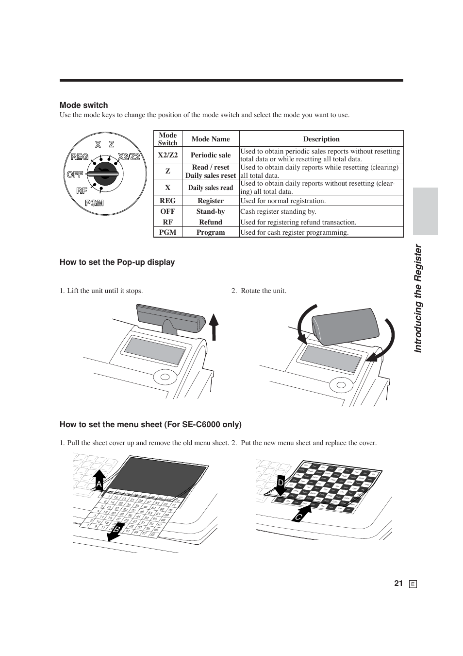 Intr oducing the register, Mode switch, How to set the pop-up display | Casio SE-S6000 User Manual | Page 22 / 134