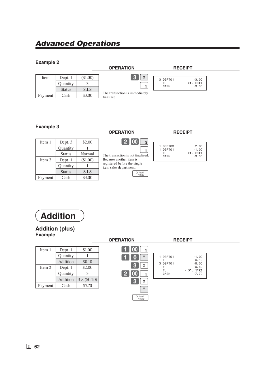 Addition, Advanced operations, Addition (plus) | # ! f | Casio SE-S6000 User Manual | Page 63 / 134