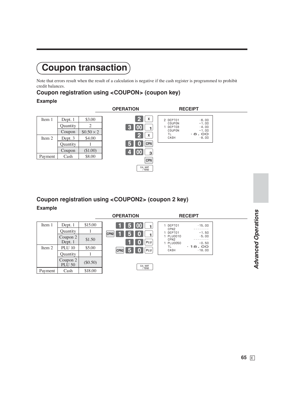Coupon transaction, Ad v anced operations, Coupon registration using <coupon> (coupon key) | Casio SE-S6000 User Manual | Page 66 / 134