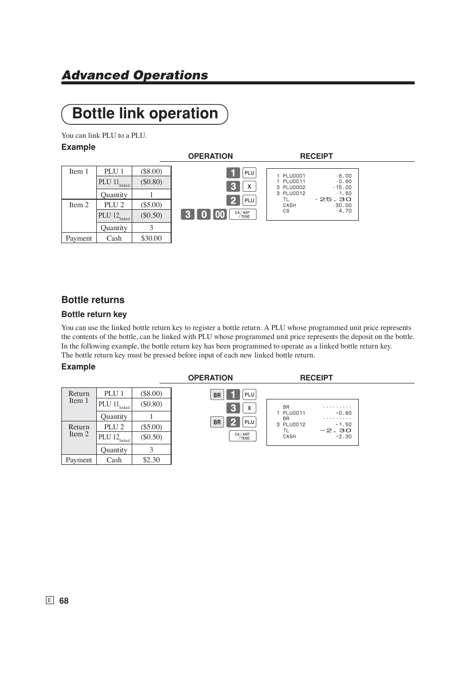 Bottle link operation, Advanced operations, Bottle returns | B 1 + 3 | b 2 + f | Casio SE-S6000 User Manual | Page 69 / 134