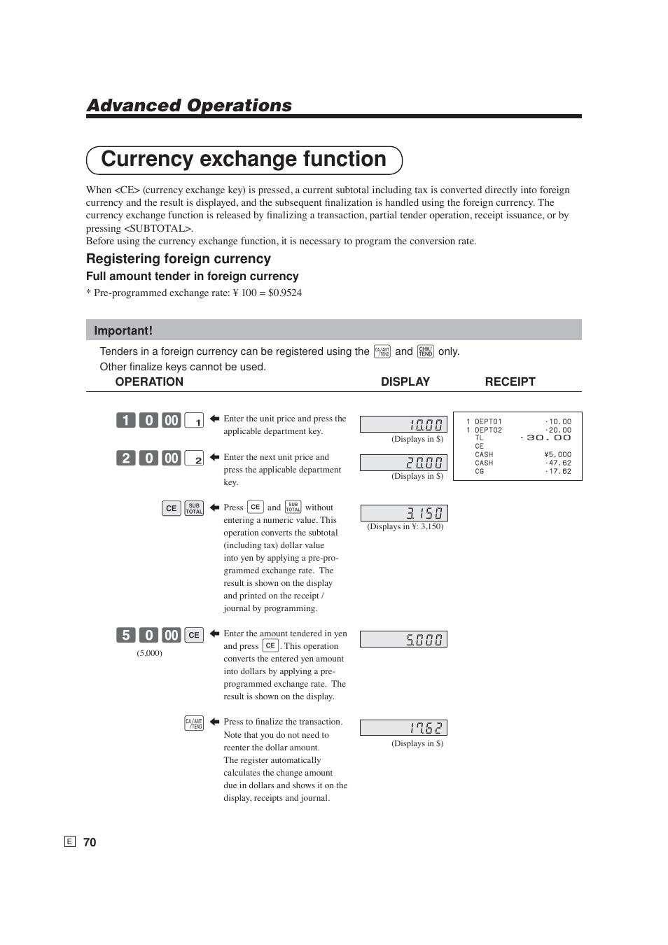 Currency exchange function, Advanced operations, ! 20- " es 50- e a | Registering foreign currency | Casio SE-S6000 User Manual | Page 71 / 134