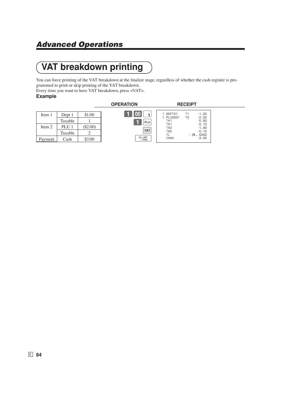 Vat breakdown printing, Advanced operations, ! 1 + v f | Casio SE-S6000 User Manual | Page 85 / 134