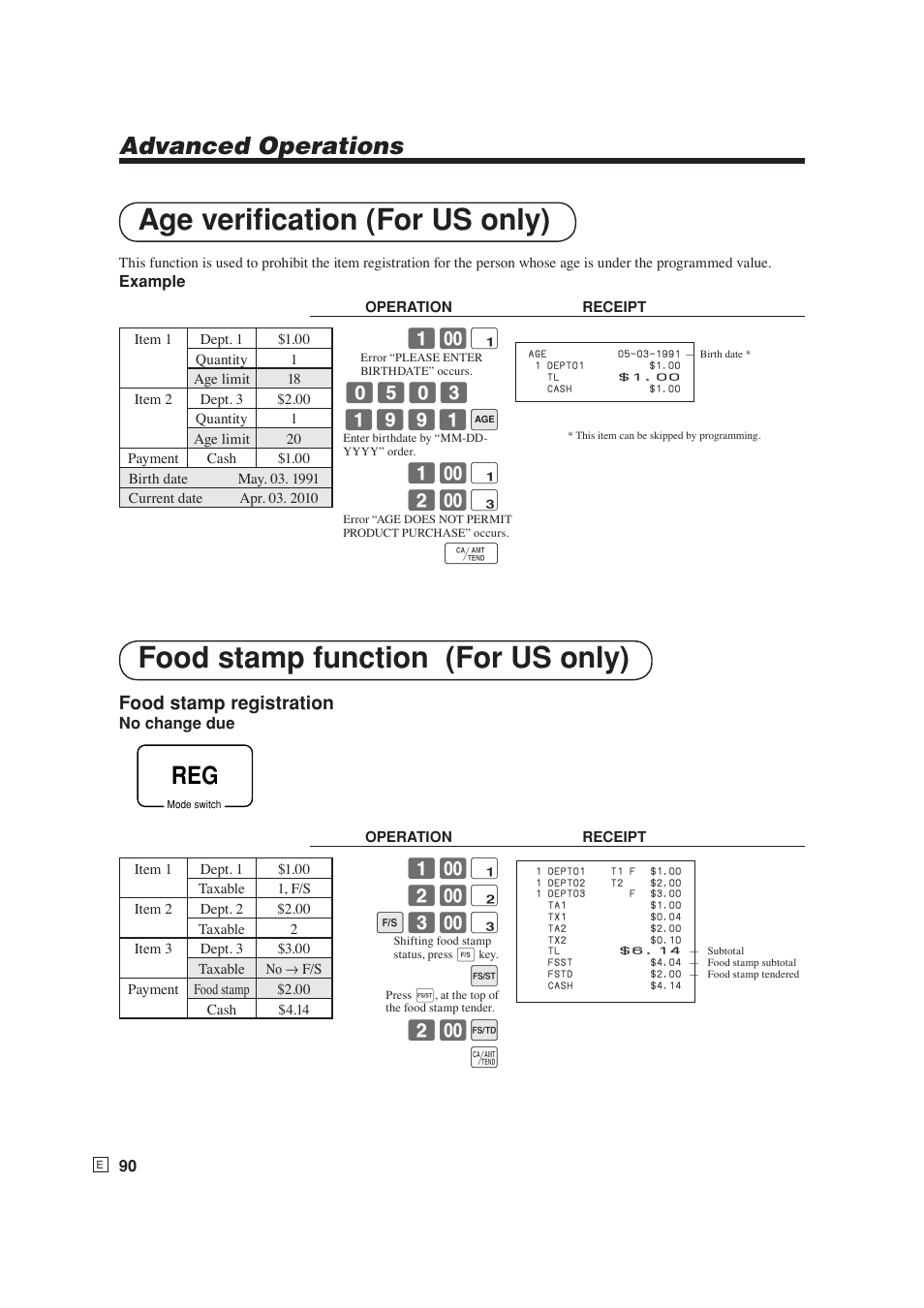 A ge verifi cation (for us only), Food stamp function (for us only), Advanced operations | Food stamp registration, ! 2- " k 3- # j 2- i a | Casio SE-S6000 User Manual | Page 91 / 134