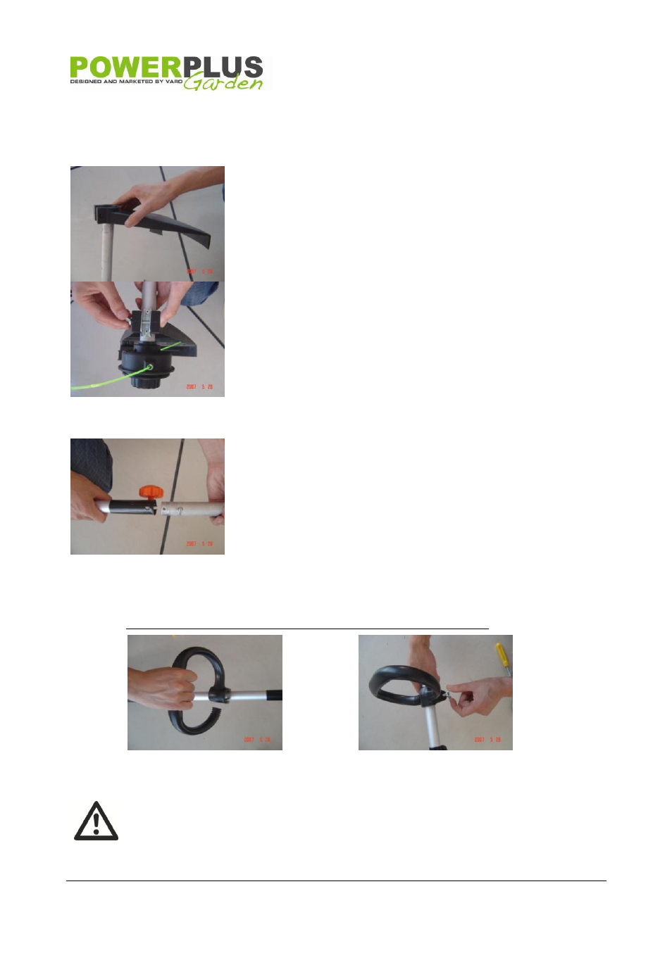 Assembly, Fitting the plastic guard, Fitting the curvy drive shaft | Fitting the handle | Powerplus POW60481 GRASS TRIMMER 30CC 420MM EN User Manual | Page 7 / 13