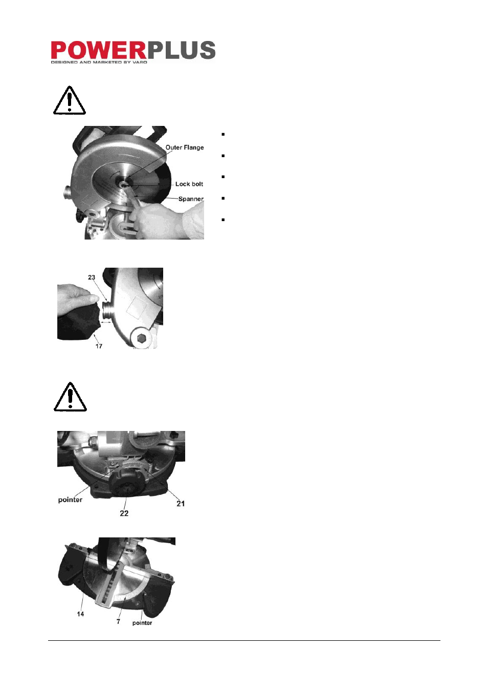 Blade replacement, Fitting the dust bag, Adjustments | Setting bevel angle, Setting mitre angle | Powerplus POW8002 MITRE SAW 1400W 210MM EN User Manual | Page 7 / 12