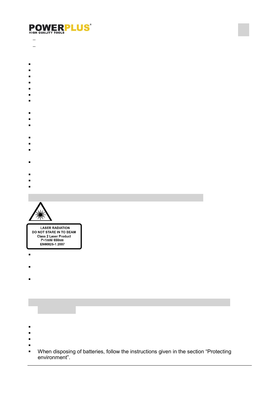 Additional safety instructions for lasers, Batteries | Powerplus POWX0076LI CIRCULAR SAW 18V LI-ION 165MM ONE FITS ALL EN User Manual | Page 6 / 11