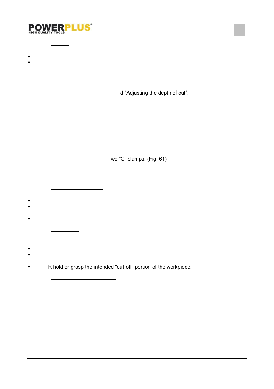 Ripping, Cross cutting (fig. 63), Mitre gauge | Use of mitre gauge (fig. 64), Auxiliary wood facing (mitre gauge) (fig. 65), Powx0761 | Powerplus POWX0761 FLIPOVER 1400W 216MM EN User Manual | Page 20 / 24