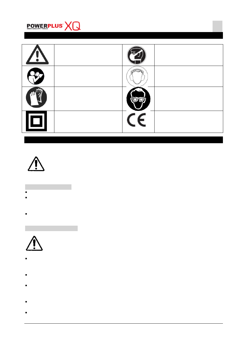 Symbols, General power tool safety warnings, Working area | Electrical safety | Powerplus POWXQ5330 MITRE SAW 1500W 254MM EN User Manual | Page 4 / 14