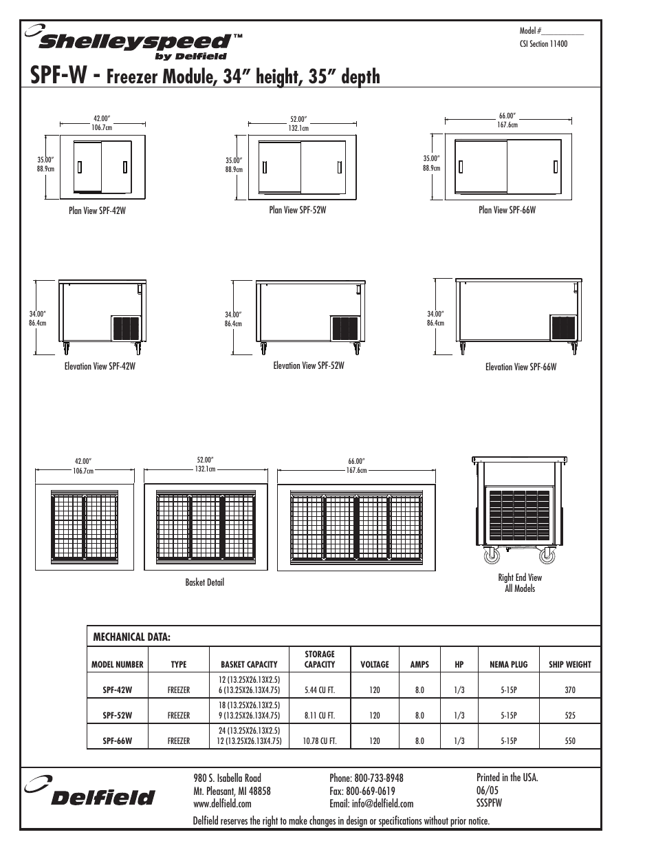 Spf-w, Freezer module, 34” height, 35” depth | Delfield Shelleyspeed SPF-42W User Manual | Page 2 / 2