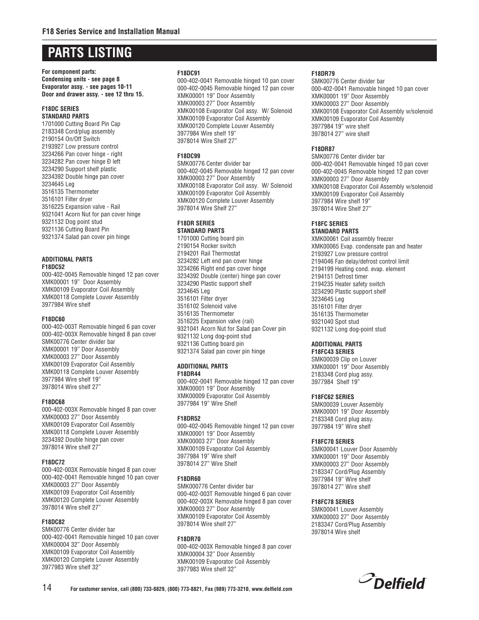 Delfield, Parts listing | Delfield F18BC User Manual | Page 14 / 22