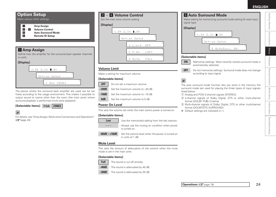 Option setup, S~ f volume control, Aamp assign | Gauto surround mode, English | Denon AVR-1508 User Manual | Page 27 / 62