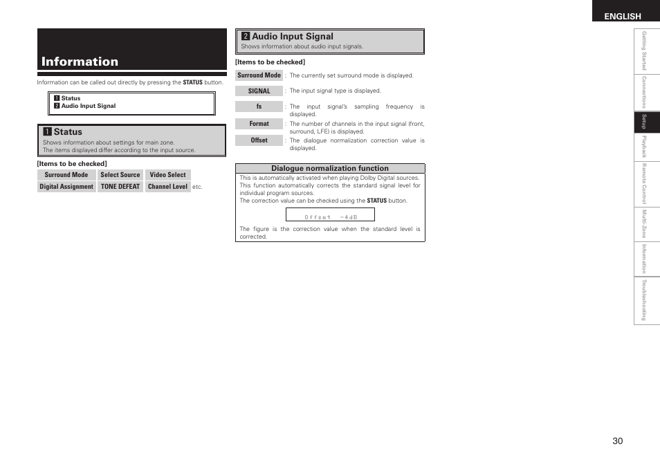 Information, Saudio input signal, Astatus | Denon AVR-1508 User Manual | Page 33 / 62