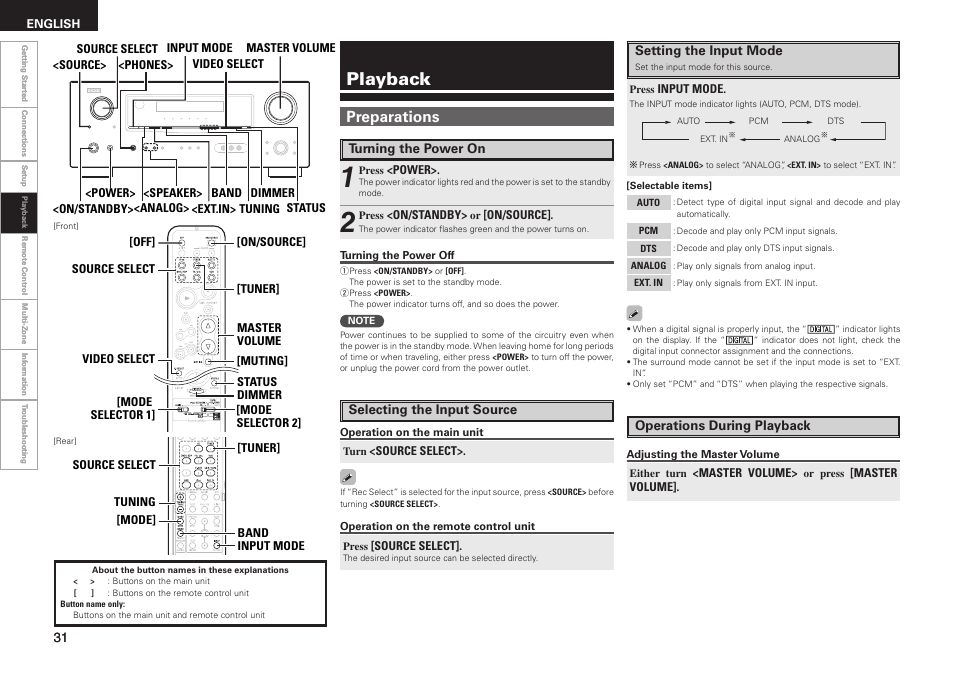 Playback, Preparations | Denon AVR-1508 User Manual | Page 34 / 62