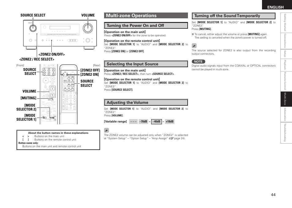 Multi-zone operations, Turning the power on and off, Selecting the input source | Adjusting the volume, Turning off the sound temporarily | Denon AVR-1508 User Manual | Page 47 / 62