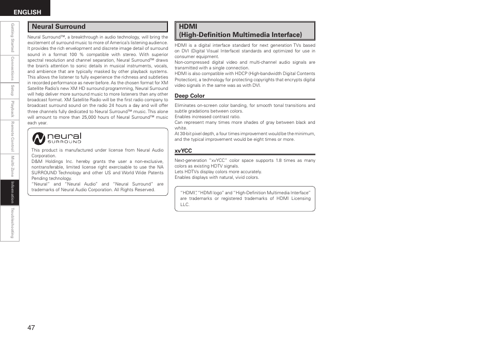 Neural surround, Hdmi (high-definition multimedia interface), English | Denon AVR-1508 User Manual | Page 50 / 62