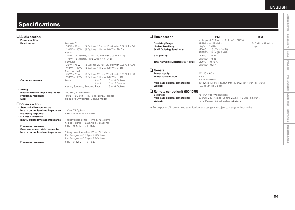 Specifications, English | Denon AVR-1508 User Manual | Page 57 / 62