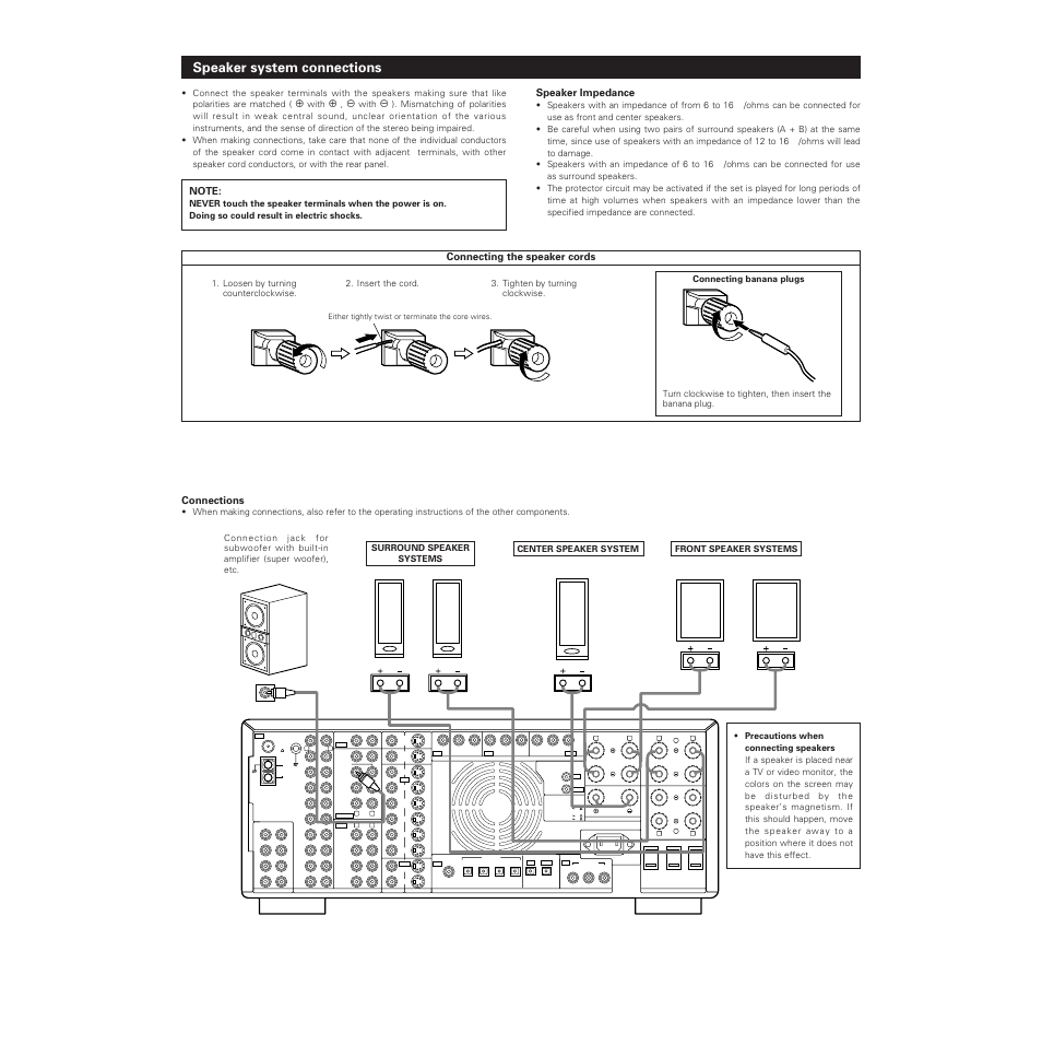 Speaker system connections, L) (r) (l) (r), Speaker impedance | Connecting the speaker cords, Connections | Denon AVR-5700 User Manual | Page 12 / 64