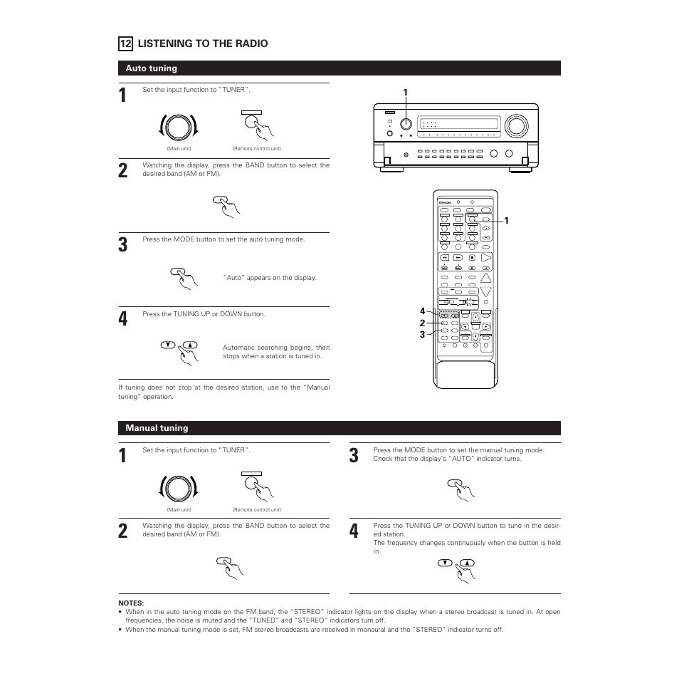 12 listening to the radio, Auto tuning, Manual tuning | Denon AVR-5700 User Manual | Page 52 / 64