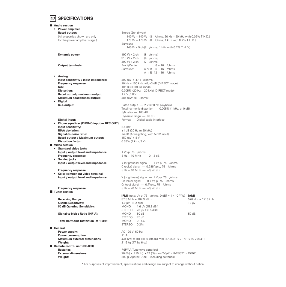 17 specifications | Denon AVR-5700 User Manual | Page 62 / 64