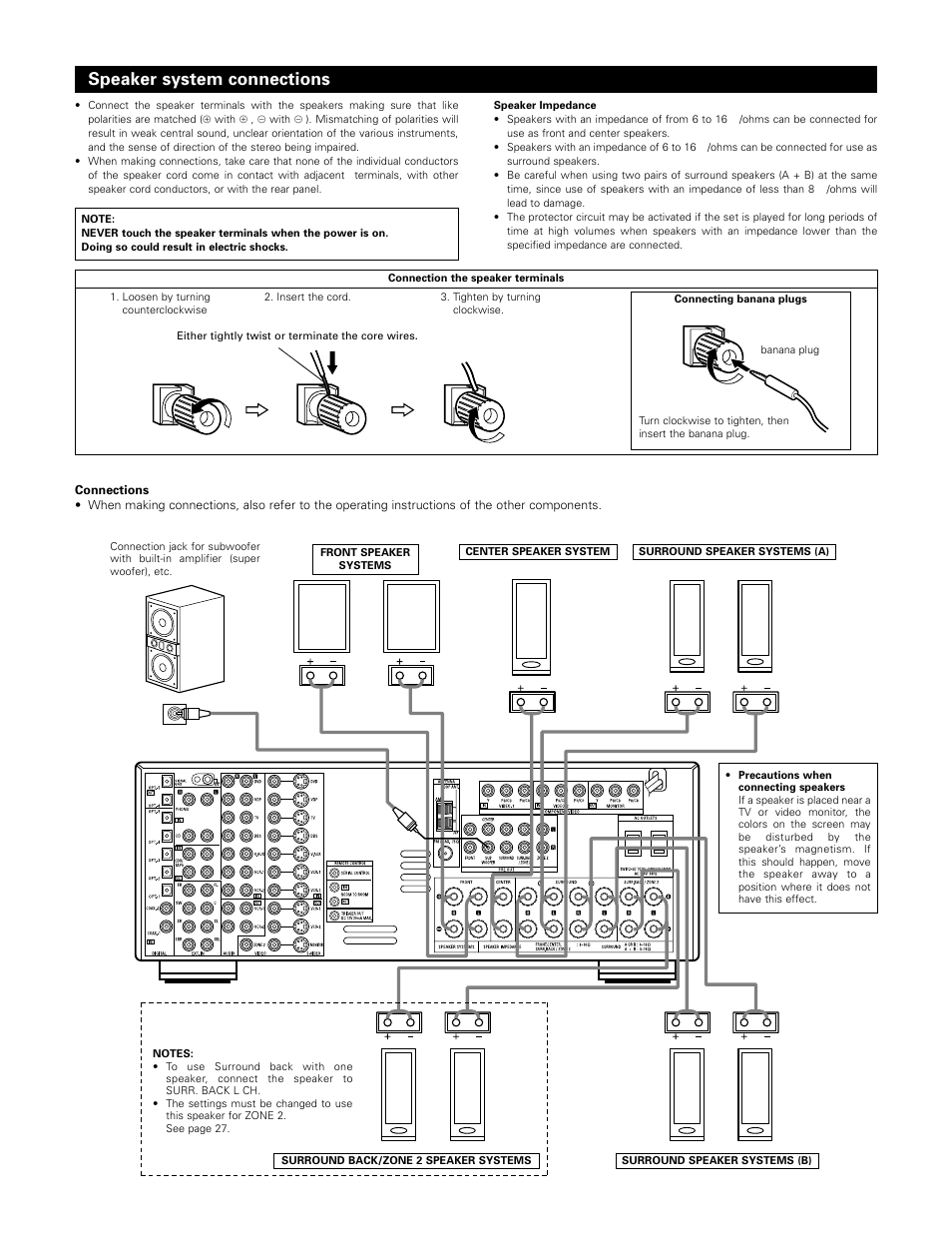 Speaker system connections | Denon 1083 User Manual | Page 12 / 84