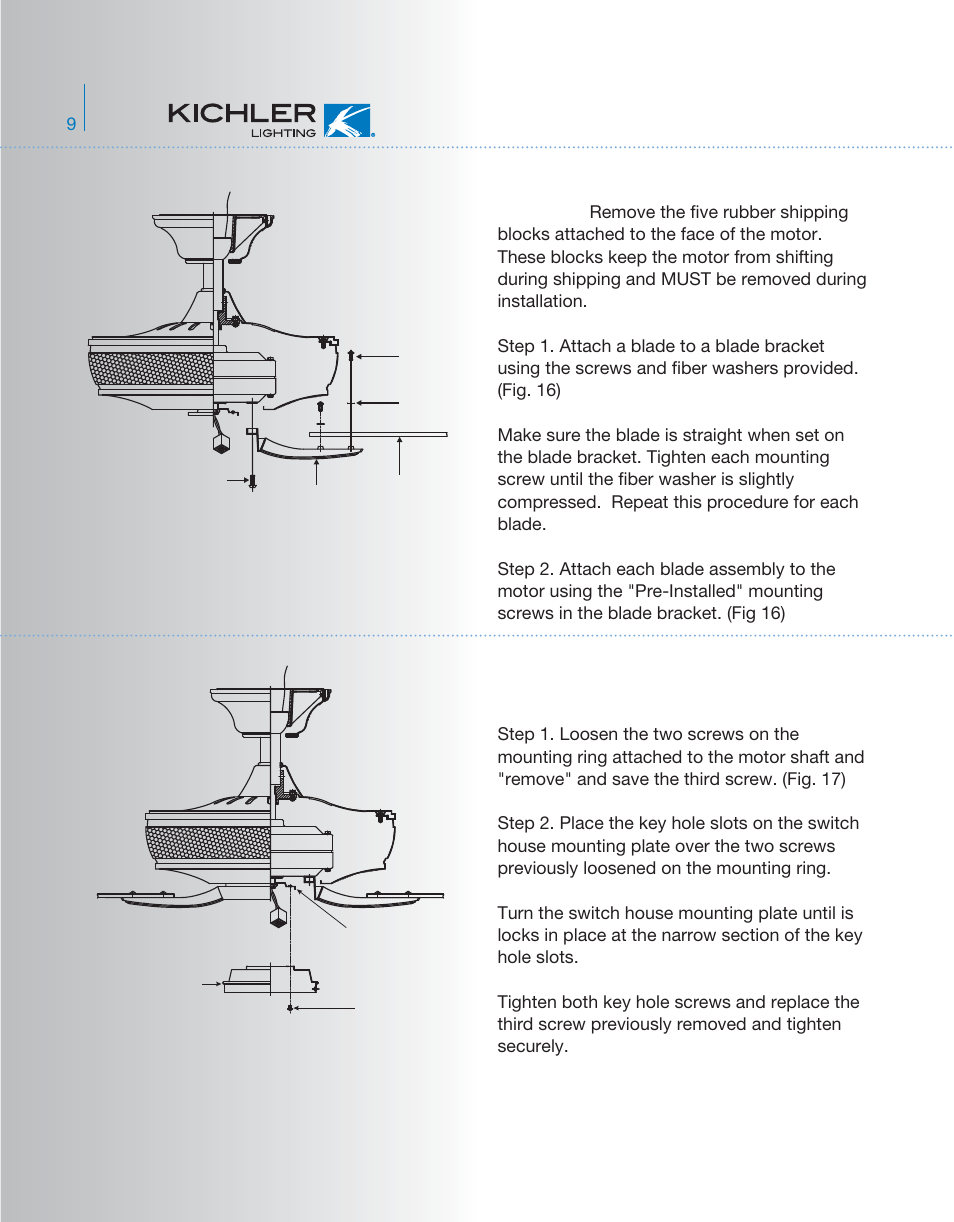Ag757kcl-52-339013-p9, Attaching the fan blades, Installing the switch house mounting plate | Kichler 339013 User Manual | Page 10 / 15