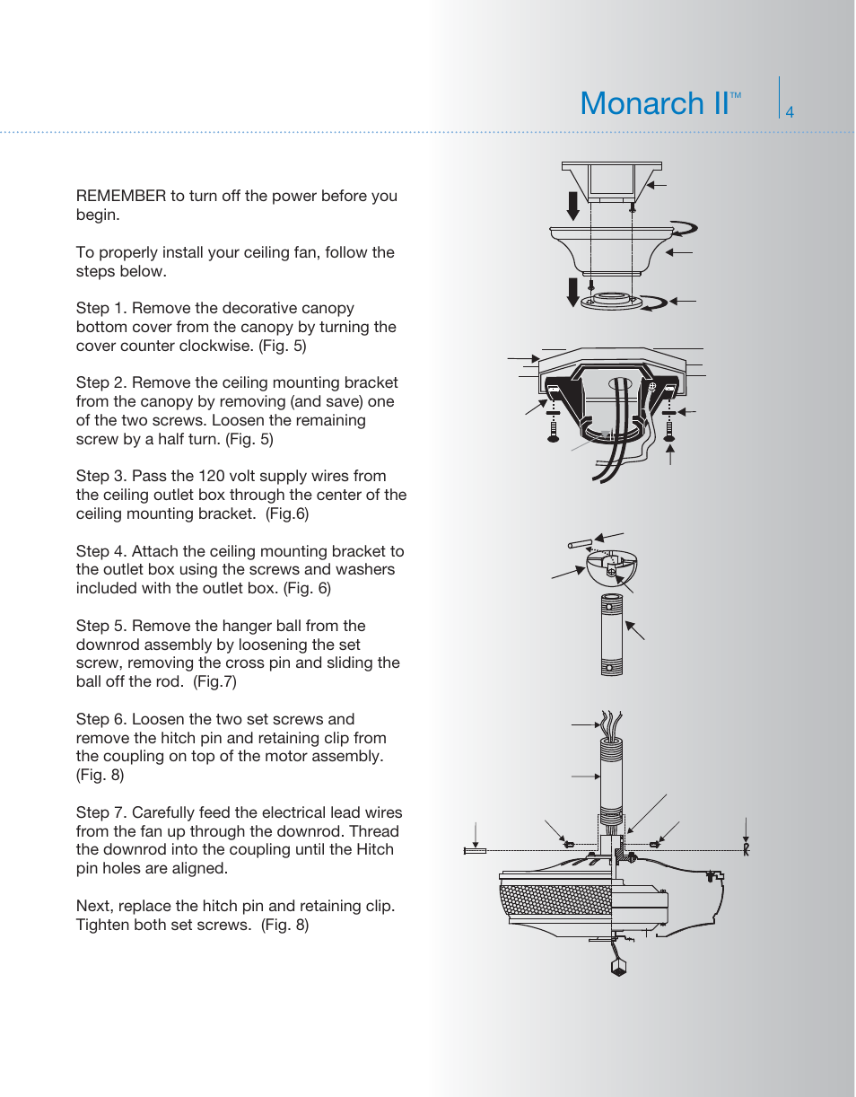 Ag757kcl-52-339013-p4, Monarch ii, Hanging the fan | Kichler 339013 User Manual | Page 5 / 15
