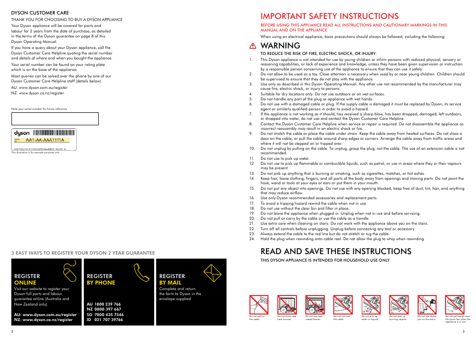 Important safety instructions, Warning, Read and save these instructions | DYSON DC39 User Manual | Page 2 / 7