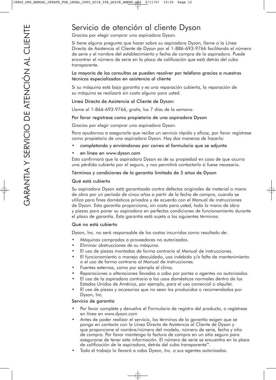 Servicio de atención al cliente dyson, Garantia y servicio de a tención al cliente | DYSON DC18 User Manual | Page 12 / 16