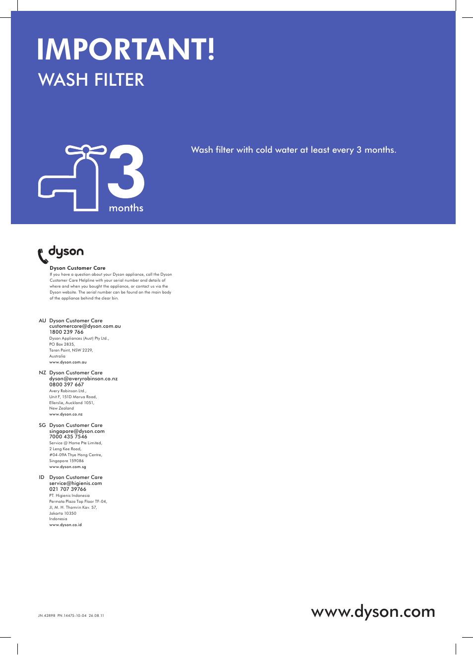 Important, Wash filter | DYSON DC23 User Manual | Page 10 / 12