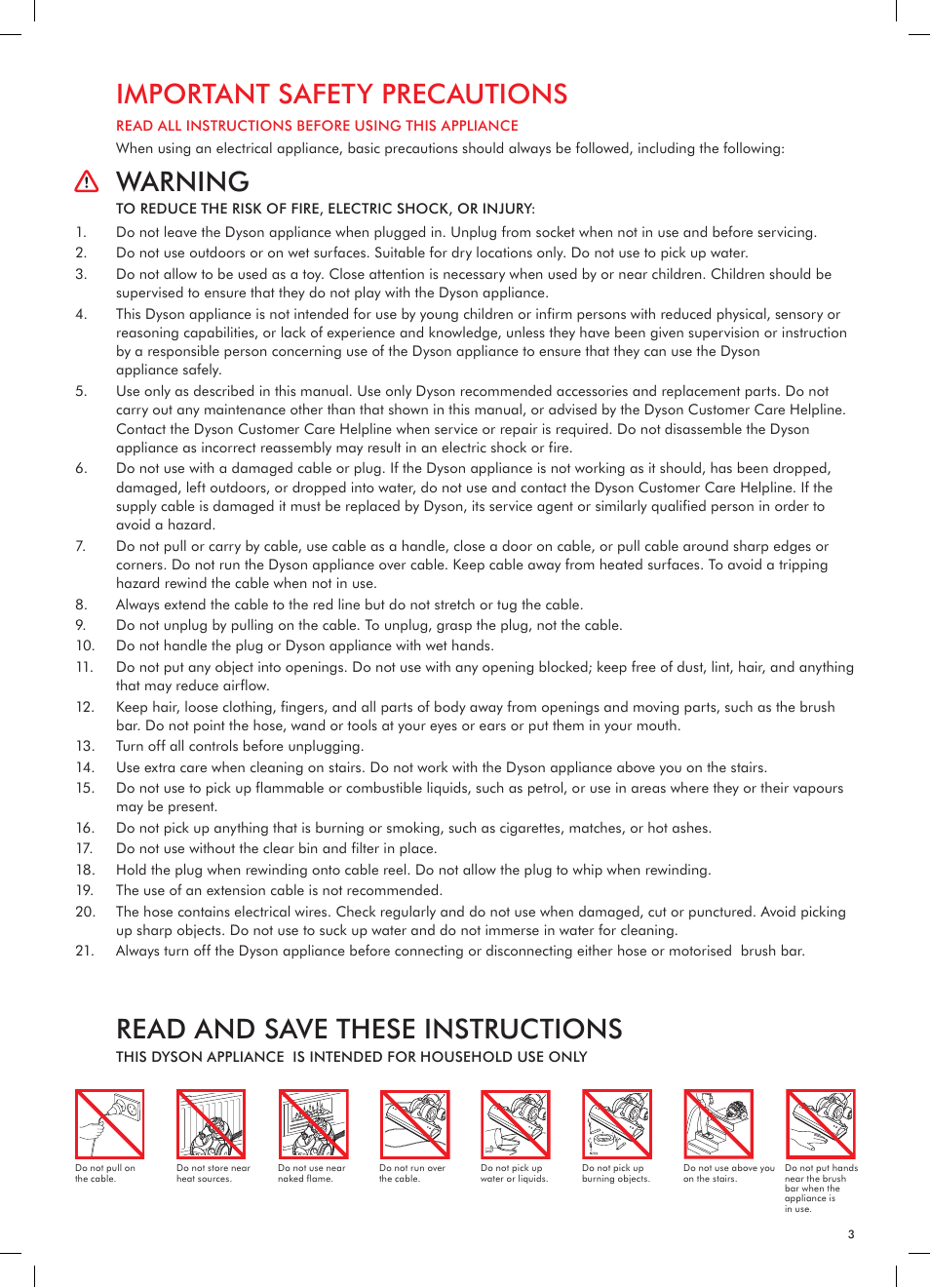 Important safety precautions, Warning, Read and save these instructions | DYSON DC23 User Manual | Page 3 / 12