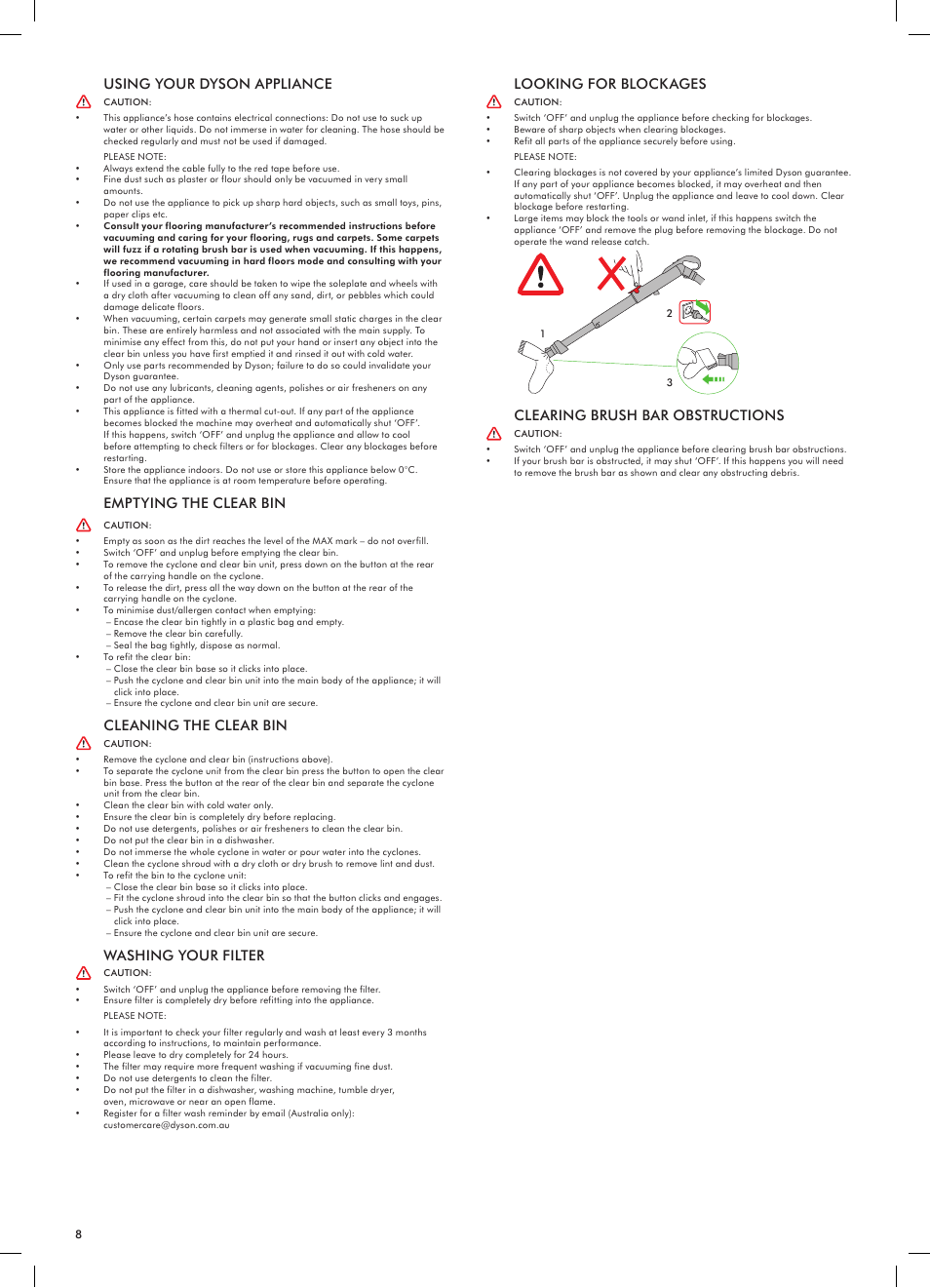 Using your dyson appliance, Emptying the clear bin, Cleaning the clear bin | Washing your filter, Looking for blockages, Clearing brush bar obstructions | DYSON DC23 User Manual | Page 8 / 12