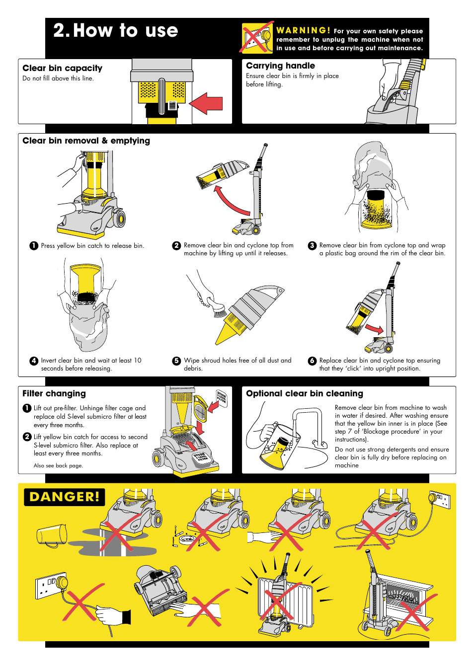 How to use, Danger | DYSON DC 01 User Manual | Page 3 / 6