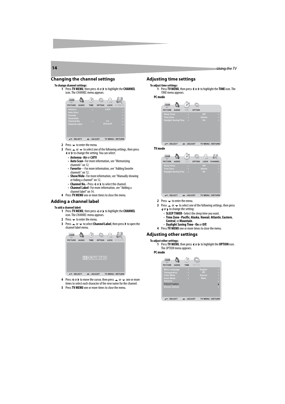 Changing the channel settings, Adding a channel label, Adjusting time settings | Adjusting other settings, Using the tv | Dynex DX-LTDVD20 User Manual | Page 14 / 86