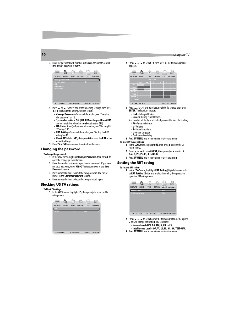 Changing the password, Blocking us tv ratings, Setting the rrt rating | Using the tv | Dynex DX-LTDVD20 User Manual | Page 16 / 86