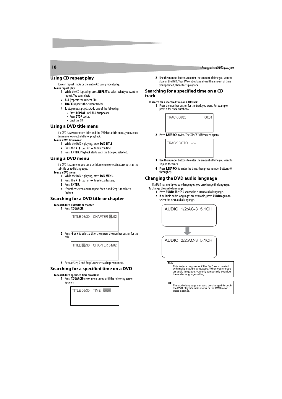 Using cd repeat play, Using a dvd title menu, Using a dvd menu | Searching for a dvd title or chapter, Searching for a specified time on a dvd, Searching for a specified time on a cd track, Changing the dvd audio language | Dynex DX-LTDVD20 User Manual | Page 18 / 86