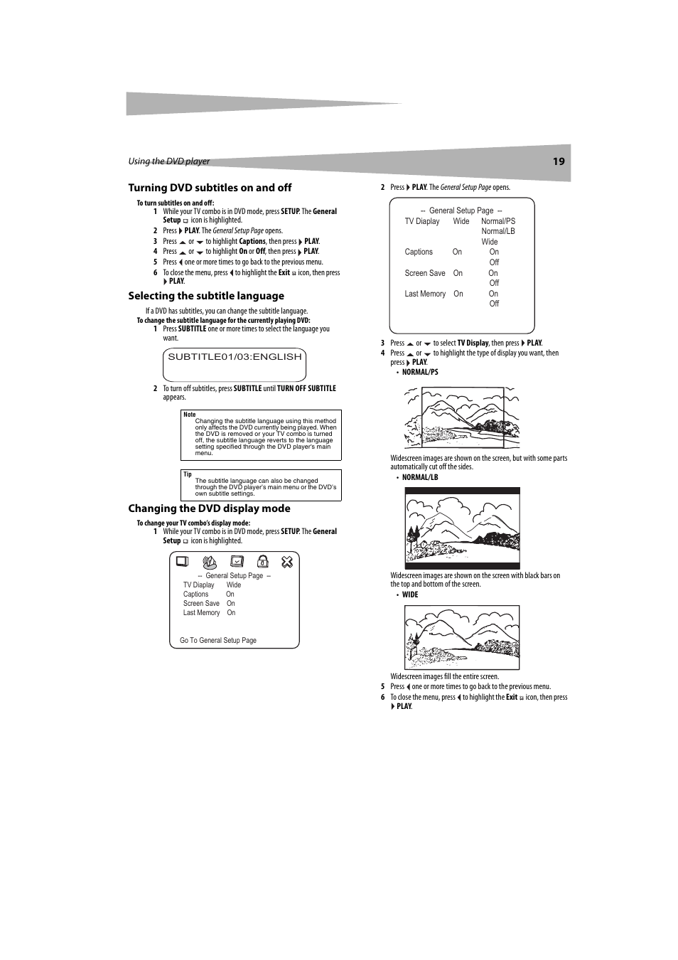 Turning dvd subtitles on and off, Selecting the subtitle language, Changing the dvd display mode | Dynex DX-LTDVD20 User Manual | Page 19 / 86